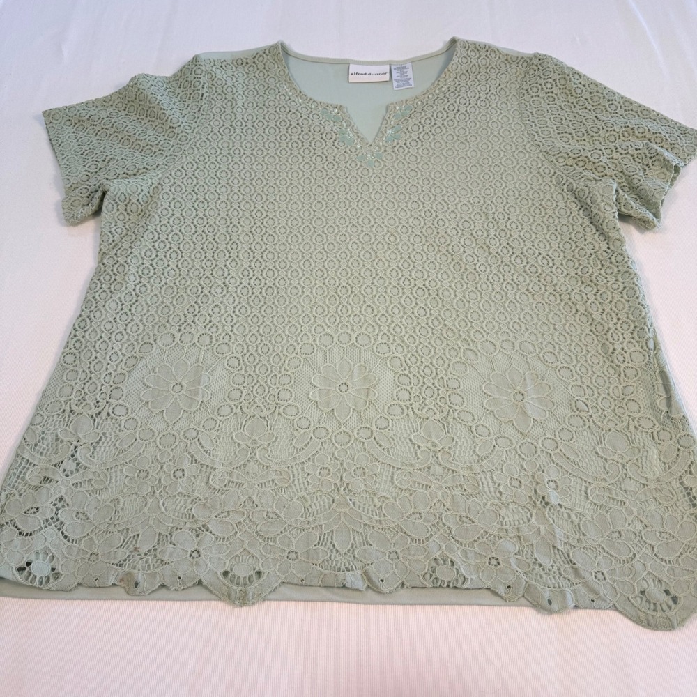 Alfred Dunner Womens Sage Green Floral Lace Sequin V-Neck Blouse Top Size Large